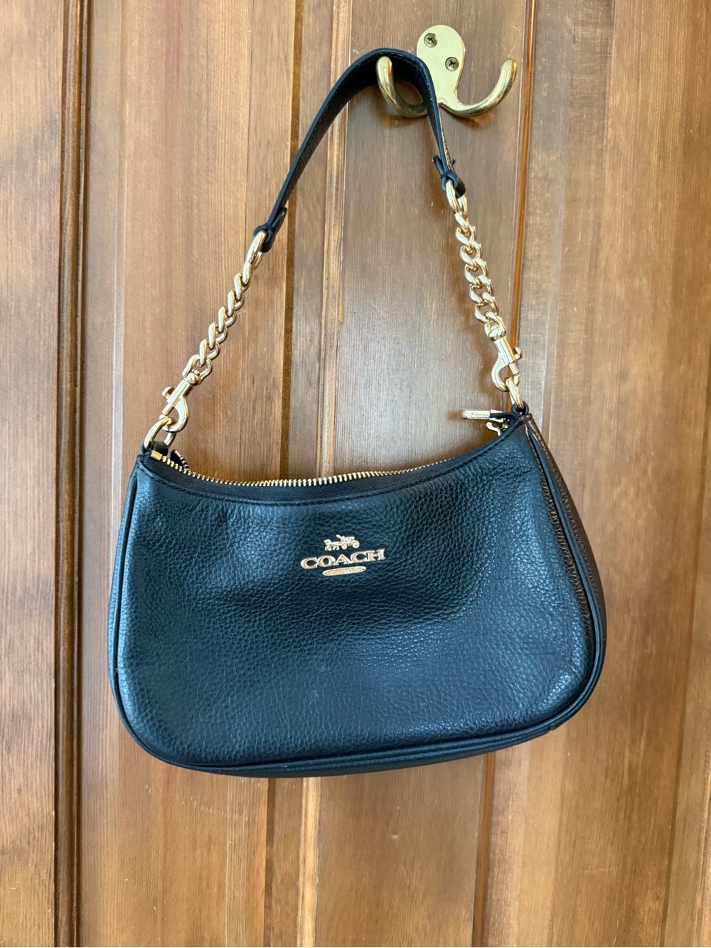 Coach Black Pebbled Leather Shoulder Bag with Gold Chain